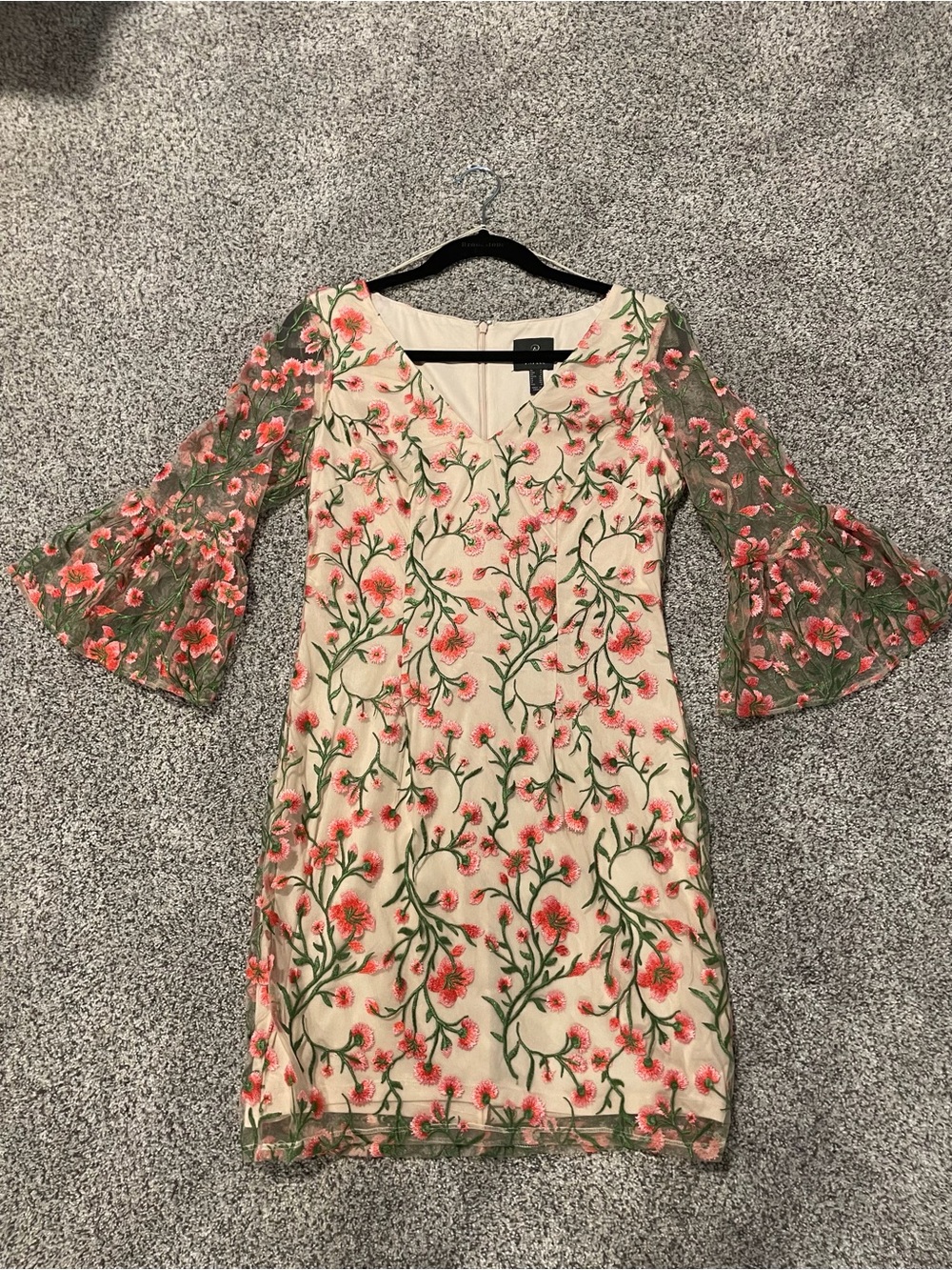 Adrianna Papell Cream Dress with Coral Floral Embroidery and Green Vines